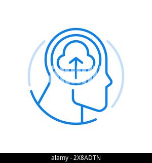 Learning process thinking vector line icon. Procedure for intelligence processing information received by person. Human head with cloud and upward arr Stock Vector