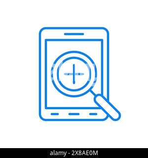 Checking electronic gadgets vector line icon. Testing devices and installed applications. Magnifying glass with cross in center examines smartphone. C Stock Vector