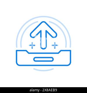 Downloading files from removable media vector line icon. Arrow pointing upward rectangular device. Filling online with information of hard disk USB fl Stock Vector