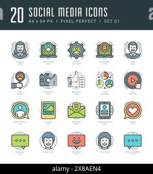 Line icons set. Trendy Modern Flat thin linear stroke vector Social Media and Social Network Objects concept. For website graphics, Mobile Apps, Infog Stock Vector