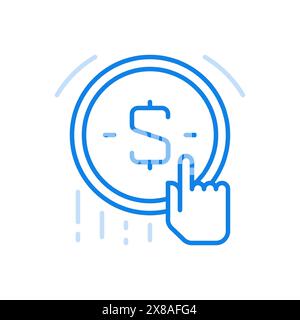 Taking financial loan vector line icon. Business loan and bank investment. Hand presses on circle with symbol of money. Waste savings in times of econ Stock Vector