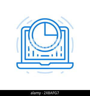 Infographic online statistics vector line icon. Business data and growth progress fluctuations. Laptop with creative diagram in circle. Information re Stock Vector