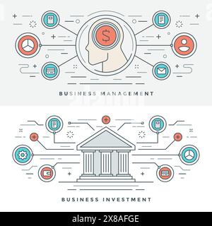 Flat line Investment and Business Management Concept Vector illustration. Modern thin linear stroke vector icons. Website Header Graphics, Banner, Inf Stock Vector