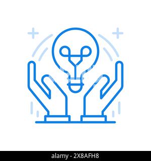 New creative idea vector line icon. Creative constructive thinking and brainstorming progress. Hands holding light bulb. Innovative modern design and Stock Vector