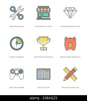Flat line simple icons set. Thin linear stroke vector icons Essentials objects symbols. For website graphics, Mobile Apps, Infographics design, Brochu Stock Vector