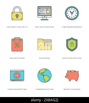 Flat line simple icons set. Thin linear stroke vector icons Essentials objects symbols. For website graphics, Mobile Apps, Infographics design, Brochu Stock Vector