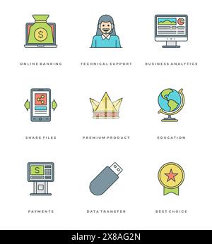 Flat line simple icons set. Thin linear stroke vector icons Essentials objects concept. For website graphics, Mobile Apps, Infographics design, Brochu Stock Vector