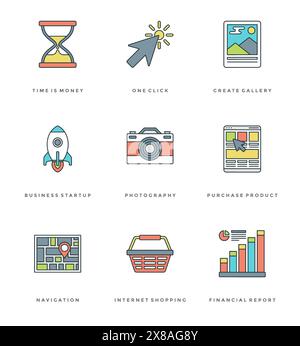 Flat line simple icons set. Thin linear stroke vector icons Essentials objects symbols. For website graphics, Mobile Apps, Infographics design, Brochu Stock Vector
