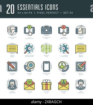 Flat line icons set. Trendy Modern thin linear stroke vector Essentials Objects concept. For website graphics, Mobile Apps, Infographics design, Broch Stock Vector