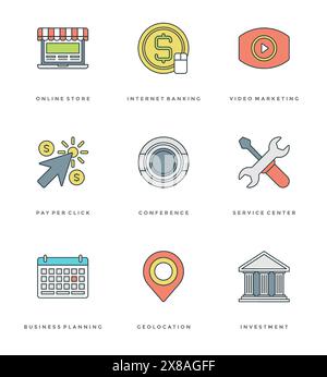 Flat line simple icons set. Thin linear stroke vector icons Essentials objects symbols. For website graphics, Mobile Apps, Infographics design, Brochu Stock Vector