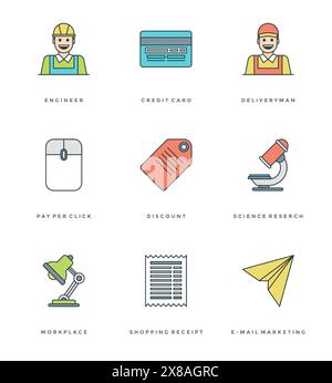 Flat line simple icons set. Thin linear stroke vector Essentials objects symbols. For website graphics, Mobile Apps, Infographics design, Brochures, B Stock Vector