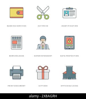 Flat line simple icons set. Thin linear stroke vector Essentials objects symbols. For website graphics, Mobile Apps, Infographics design, Brochures, B Stock Vector