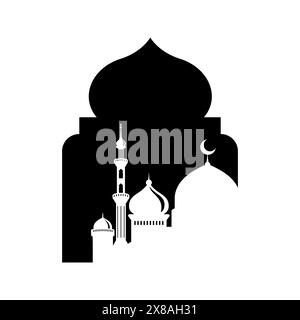 Arabic Islamic arch with mosque silhouette background illustration. Stock Vector