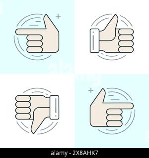 Flat line icons set. Thin linear stroke vector icons Hands, Thumbs up or like icon, Finger pointing social media concept. Website graphics, Mobile App Stock Vector