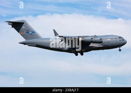 Papa, Hungary - May 10, 2021: Boeing C-17 Globemaster III Military transport plane at air base. Air force flight. Aviation and aircraft. Air lift. Fly Stock Photo