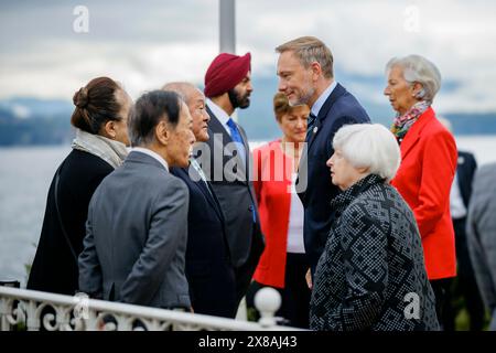 Stresa, Italien. 24th May, 2024. G7 Finance Ministers Meeting in Stresa. Christian Lindner (FDP), Federal Minister of Finance, with the Finance Minister of Japan, Shunichi Suzuki, the Japanese central bank governor Kazuo Ueda, and the US Treasury Secretary Janet Yellen. Stresa, May 24, 2024. Photographed on behalf of the Federal Ministry of Finance Credit: dpa/Alamy Live News Stock Photo