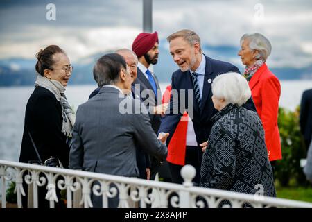 Stresa, Italien. 24th May, 2024. G7 Finance Ministers Meeting in Stresa. Christian Lindner (FDP), Federal Minister of Finance, with the Finance Minister of Japan, Shunichi Suzuki, the Japanese central bank governor Kazuo Ueda, and the US Treasury Secretary Janet Yellen. Stresa, May 24, 2024. Photographed on behalf of the Federal Ministry of Finance Credit: dpa/Alamy Live News Stock Photo