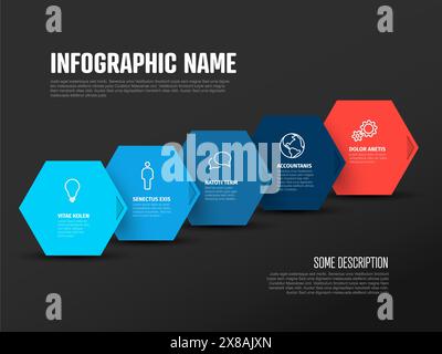 Vector infographic report template with big blue and red hexagons as steps of the process - dark version with five hexa shapes and icons on horizontal Stock Vector