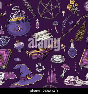 Halloween seamless pattern. Vector background with potion in witch hat. Cute autumn design. Black creepy wallpaper. Scary holiday horror sketch. Magic Stock Vector