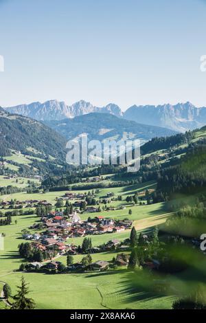 Aschau village in KitzbÃ¼hel Alps, Austria, with Wilder Kaiser Stock Photo