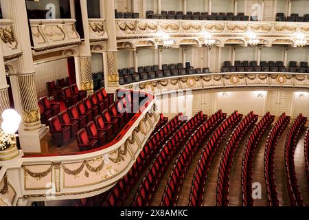 Semperoper, Dresden, Saxony, Germany, Europe, Opera hall with empty red seats and balconies in elegant architecture, Europe Stock Photo