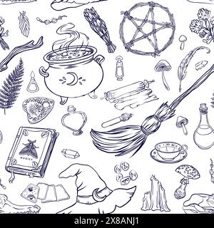 Supernatural magical collection of magical elements. Symbols of witchcraft. Ethnic esoteric collection with hands, moon, crystals, plants, palmistry a Stock Vector