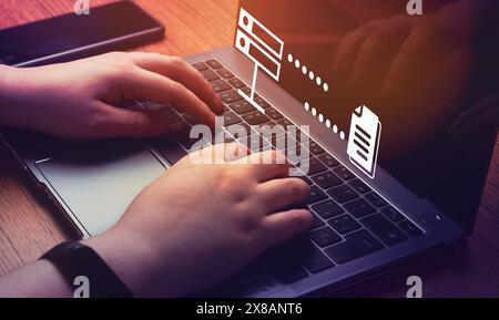 Exchange information and data with internet cloud technology. Digital system for transferring documents. FTP (File Transfer Protocol) files. Stock Photo