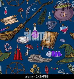 Halloween seamless pattern. Vector background with potion in witch hat. Cute autumn design. Black creepy wallpaper. Scary holiday horror sketch. Magic Stock Vector
