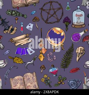 Witchcraft, magical background for witches and wizards. Wicca and pagan tradition. Vector vintage collection. Hand-drawn elements: candles, book of sh Stock Vector
