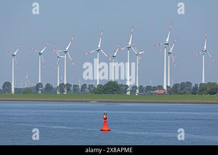 Wind farm near Brunsbüttel, house, buoy, Elbe, Schleswig-Holstein, Germany, Europe Stock Photo