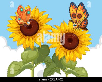 Colorful butterflies resting on vibrant sunflowers Stock Vector