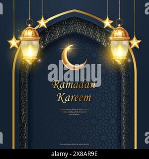 3D Islamic golden lantern star moon with curve arch shape decoration background . suitable for Ramadan, Raya Hari, Eid al Adha Islamic holiday Stock Vector