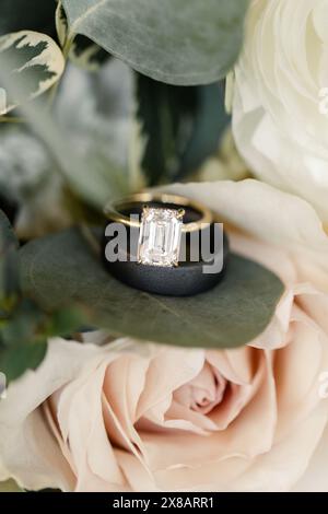 Emerald-cut diamond ring and a black wedding band on a rose Stock Photo