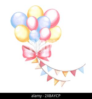 Helium balloons banch with bow and pennant garland. Colorful Happy Birthday festive clipart. Hand drawn watercolor illustration isolated Template for Stock Photo