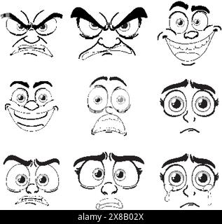 Nine different cartoon facial expressions in black and white Stock Vector