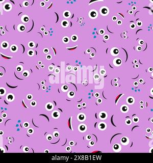 Cartoon faces with emotions. Seamless pattern with different emoticons on purple background. Vector illustration Stock Vector