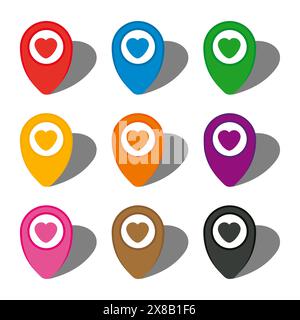 Set of nine colorful map pointers with heart icon in white circle and with shadow. Vector illustration Stock Vector