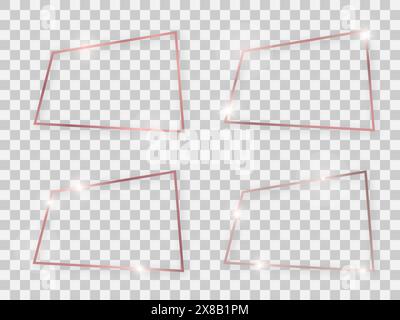 Set of four rose gold shiny rectangular frames with glowing effects and shadows on transparent background. Vector illustration Stock Vector