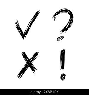 Hand drawn check, cross, question mark and exclamation mark symbols. Set of four black sketch symbols. Vector illustration Stock Vector