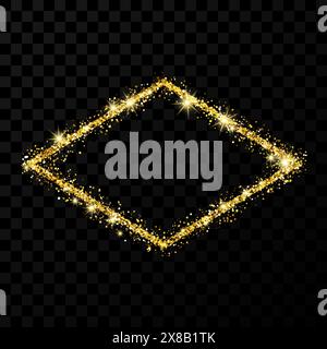 Gold glitter frame. Rhombus frame with shiny sparkles on dark transparent background. Vector illustration Stock Vector