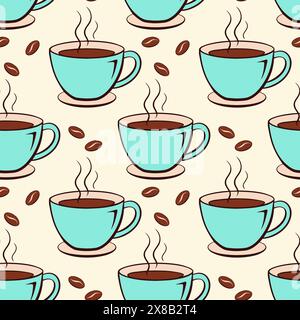 Coffee mugs with hot drink and coffee beans seamless pattern in doodle style. Vector illustration Stock Vector