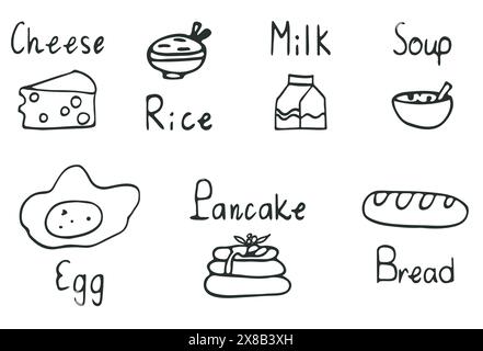 Food symbol icon set. Doodle unique hand drawn black stroke, ink line, lettering word, naive childish flat cartoon icon style design. Cute outline Stock Vector