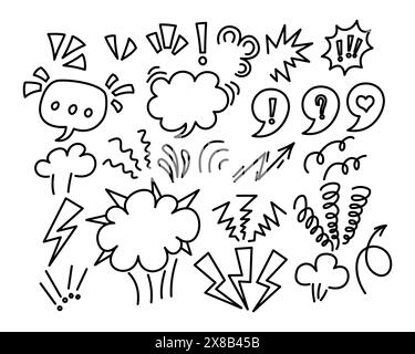 Comic book speech bubbles and sound effects doodle style. Hand drawn set of comic book style black elements, thought clouds, exclamations, accents for Stock Vector