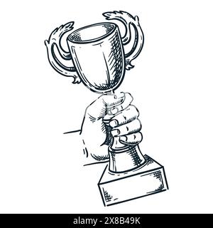 Human hand holding gold champion cup. Vector hand drawn sketch illustration. Prize competition award doodle icon, isolated on white background. Succes Stock Vector