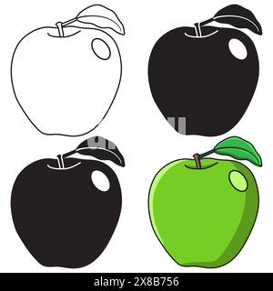 Apple vector illustration various options, black outline with transparent inside, black and white, black knockout and colour versions Stock Vector