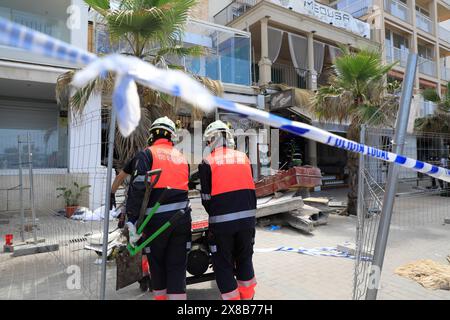 Palma, Spain. 24th May, 2024. Two firefighters work at the site of the collapse. Two German women and two other people have died in the collapse of a fully occupied restaurant in Playa de Palma on Mallorca. Credit: Clara Margais/dpa/Alamy Live News Stock Photo