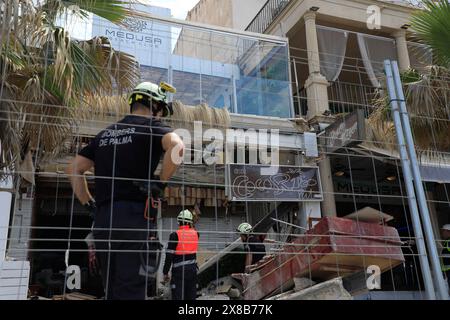 Palma, Spain. 24th May, 2024. Firefighters work at the site of the collapse. Two German women and two other people have died in the collapse of a fully occupied restaurant in Playa de Palma on Mallorca. Credit: Clara Margais/dpa/Alamy Live News Stock Photo