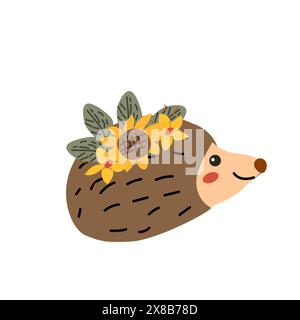 Autumn fall thanksgiving animal character hedgehog with fall leaves and harvest. Wild animal greeting card for thanksgiving holiday, autumn festival, Stock Vector