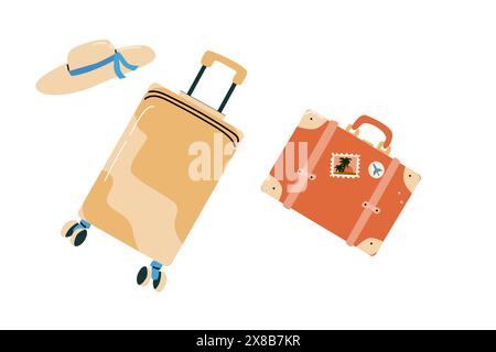 Summer vacation element of cartoon suitcase with sticker or abstract pattern and drink. Can used for stickers and patch, cover design. Stock Vector