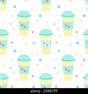 Paper or plastic cup with drink and coffee beans on background of colored confetti and stars, seamless pattern. Vector illustration Stock Vector